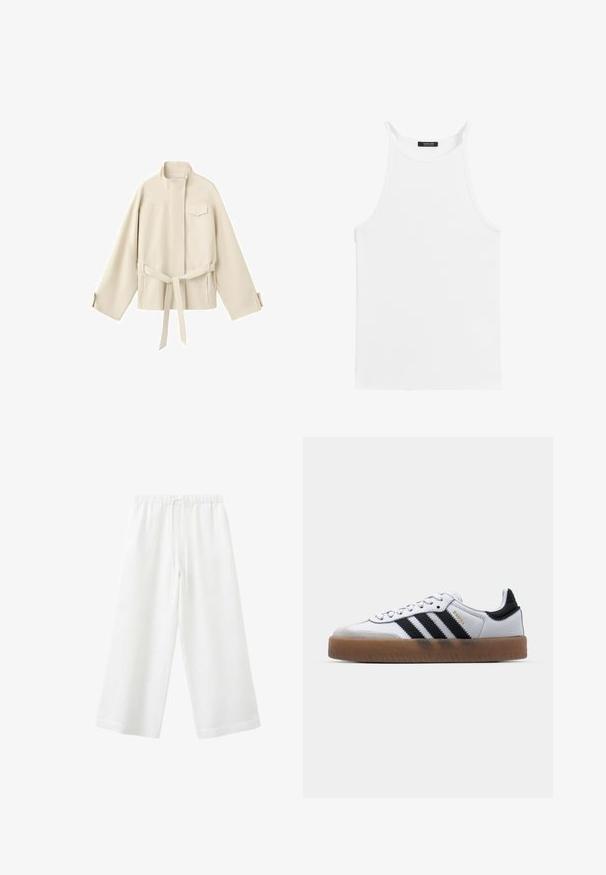 Beige jas met een opstaande kraag, lange brede mouwen, borstzak met klep en een tailleriem die aan de voorkant is gestrikt.; Witte mouwloze tanktop met dunne bandjes en een hoge halslijn, plat gelegd op een witte achtergrond.; Witte broek met wijde pijpen, elastische tailleband en trekkoord, gemaakt van lichtgewicht stof, geschikt voor casual gebruik.; Witte leren sneakers met zwarte strepen, gumrubberen buitenzool, ronde neus, vetersluiting en een zachte grijze suède neuskap.