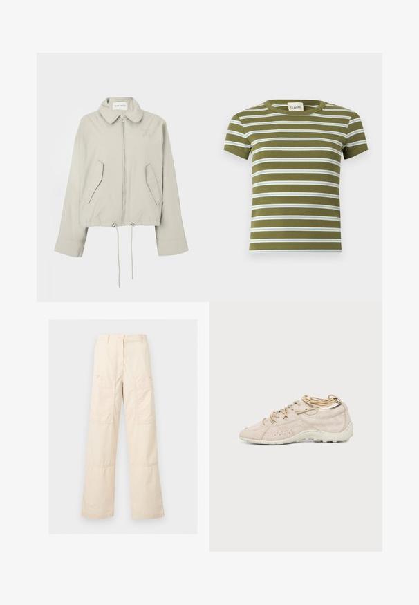 Veste courte gris clair avec col, fermeture éclair devant, deux poches et ourlet à cordon de serrage. Présente une broderie discrète du logo sur la poitrine.; T-shirt côtelé vert olive à manches courtes avec des rayures blanches et bleu clair horizontales, col rond et étiquette de marque à l'intérieur du col.; Pantalon beige à jambes larges, taille haute, fermeture par bouton et zip, grandes poches latérales avec rabats à boutons.; Baskets décontractées beige clair avec surface texturée, design à lacets et semelle en caoutchouc blanche vues de côté sur un fond uni.