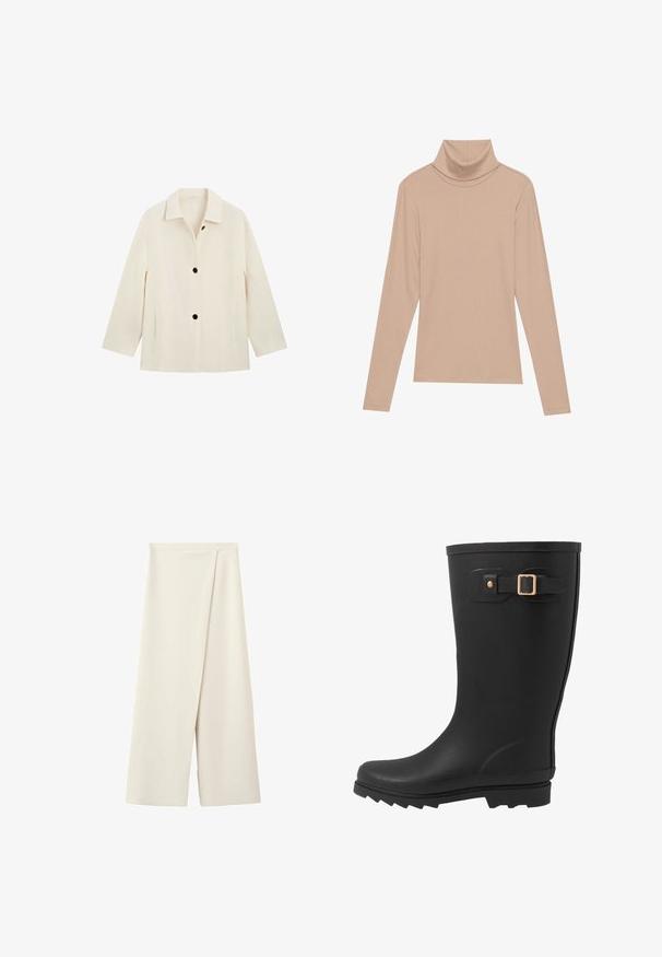 Kremfarvet kvindejakke med krave, to forlommer og tre sorte knapper foran.; Beige langærmet ribbet turtleneck-top med høj krave, præsenteret fladt på en lys baggrund.; Kremfarvede bukser med vide ben, høj talje og et fremad overlapningspanel.; Sort gummistøvle med rund tå, tekstureret sål og en sidestrapdetalje med en guldspænde akcent.