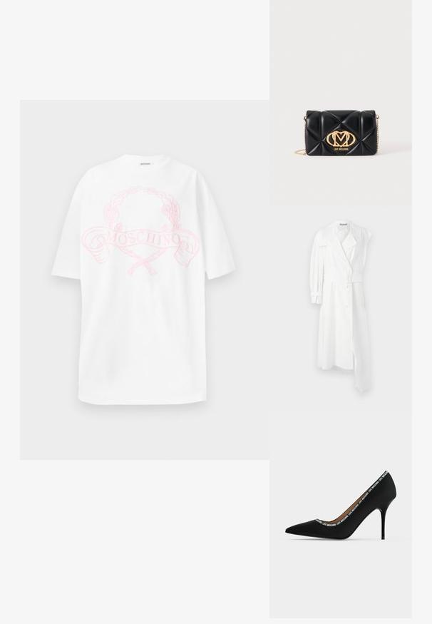 Hvid trenchcoat med dobbeltbrystet front, bælte i taljen, bred krave og én langærmet. Har en glat stoffinish.; Hvid bomulds t-shirt med et pink grafisk design, der viser en laurbærkrans og teksten "MOSCHINO" centreret på forsiden. Korte ærmer, afslappet pasform.; Sort spids højhælet sko med stiletthæl og "LOVE MOSCHINO" tekstkant langs åbningens kant, sidevisning på hvid baggrund.; Sort quiltet lædertaske med guld kædrem og stort guld Love Moschino-logo foran.