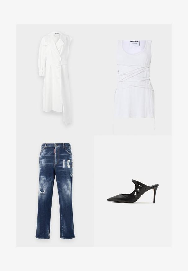 Hvid trenchcoat med dobbeltbrystet front, bælte i taljen, bred krave og én langærmet. Har en glat stoffinish.; Hvid ribbet tanktop med krydsende snøring, der har en rund hals og en lige kant. Mærke: Moschino Couture.; Mørkeblå denimjeans med slidte lapper, lyse malingspletter og fed hvid tekst. Straight leg design med en klassisk pasform.; Sorte læder højhælede mules med spids tå, udskåret sideskærm og glat tekstur. Stiletthæl og subtil syning.