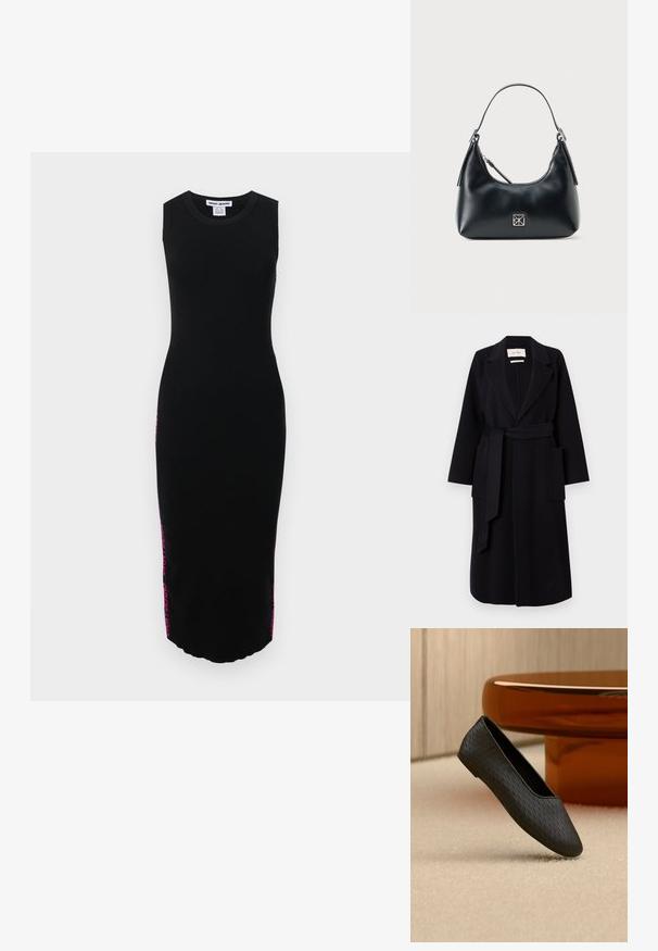 Manteau en mélange de laine noir avec col à revers, ceinture à la taille et deux poches latérales. Manches longues et silhouette droite.; Robe midi sans manches en tricot noir avec une texture côtelée et une marque rose audacieuse sur les côtés. Silhouette droite et ourlet arrondi.; Chaussure plate noire texturée à enfiler flottant au-dessus d’un tapis beige près d’un pied de table rond couleur ambre.; Sac à épaule en cuir noir avec une seule poignée, fermeture éclair et un petit logo carré en argent à l'avant.