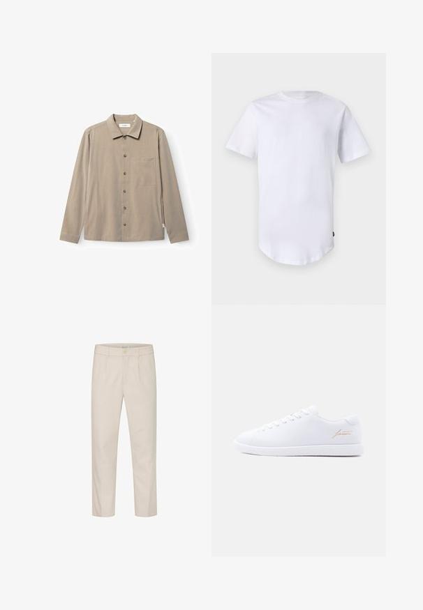Chemise beige à manches longues avec poche poitrine, col classique et boutons marron, présentée sur fond blanc.; T-shirt blanc à manches courtes en coton. Design à col rond avec un ourlet arrondi. Étiquette visible sur le côté inférieur gauche. Texture lisse.; Pantalon beige en tissu texturé avec une coupe droite, doté d'une fermeture à bouton à l'avant et de poches latérales.; Baskets basses blanches avec lacets blancs, semelle texturée, et inscription "lacoste" dorée sur le côté sur un fond neutre.