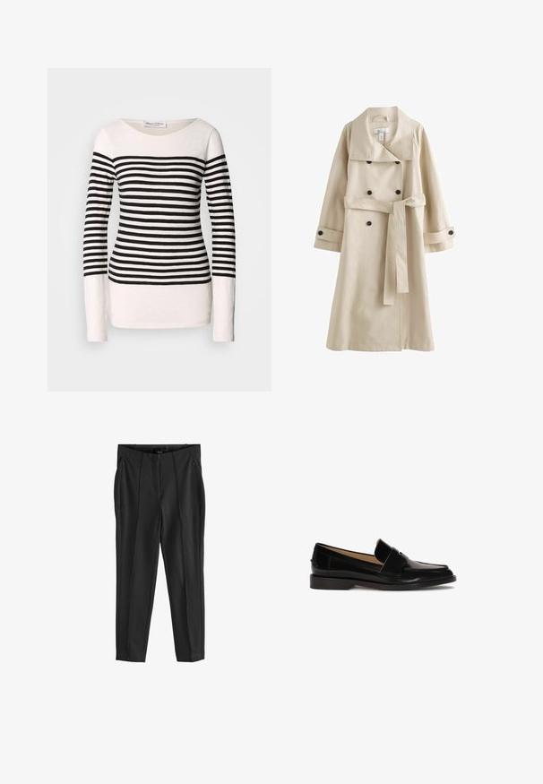 Beige Trenchcoat aus einem glatten Material, mit einem weiten Kragen, doppelt geknöpftem Vorderteil mit schwarzen Knöpfen und einem gebundenen Gürtel in der Taille.; Langärmliges gestreiftes Oberteil mit schwarzen und weißen horizontalen Streifen, Bootsausschnitt-Design und taillierter Silhouette. Material aus Baumwollmischung.; Schwarze, taillierte Hose mit glatter Textur, ausgestattet mit zwei vorderen Reißverschlusstaschen und vorderen Falten für ein strukturiertes Design.; Schwarze Lederhalbschuhe mit glatter Oberfläche, abgerundeter Zehenpartie und einem dekorativen Riemen über der Vorderseite. Design mit niedrigem Blockabsatz.