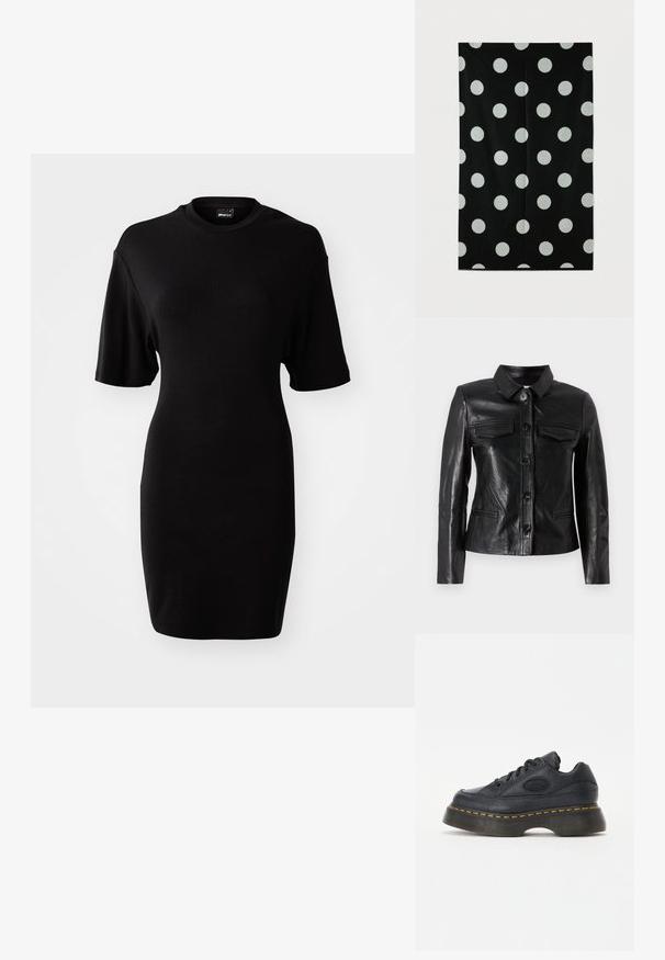 Veste en cuir noir avec un col, fermeture par boutons sur le devant, deux poches poitrine et des poches latérales. Texture lisse avec une silhouette ajustée.; Robe noire à manches courtes en tissu doux. Présente un col rond et une silhouette ajustée avec un ourlet jusqu'au genou.; Baskets en cuir noir avec finition texturée, bout rond et semelle épaisse. Comprend des coutures accentuées en jaune et un logo de marque sur le côté.; Couverture noire avec de grands pois gris, forme rectangulaire, texture douce, avec une finition soignée et sans éléments visibles ni accents.