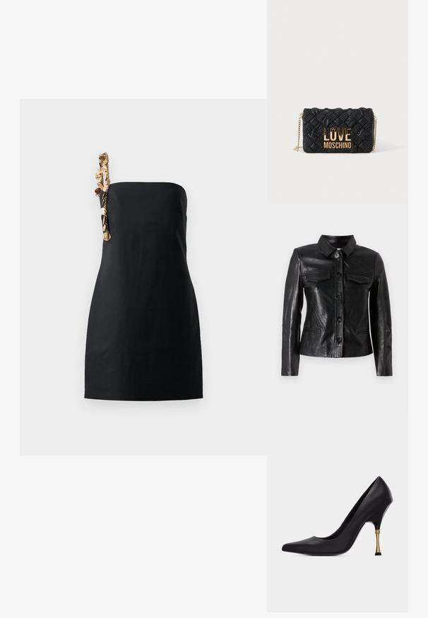 Chaqueta de cuero negra con cuello, cierre frontal de botones, dos bolsillos en el pecho y bolsillos laterales. Textura suave con un corte ajustado.; Un vestido negro mini con un corte estructurado y recto, y un detalle decorativo de cadena en tono dorado en un hombro. Textura de tela suave.; Zapato de salón negro de piel con punta afilada y tacón stiletto, con un tacón dorado estrecho único y punta negra sobre un fondo neutro.; Bolso bandolera negro acolchado con correa de cadena dorada y gran logo dorado "LOVE MOSCHINO" en el frente.