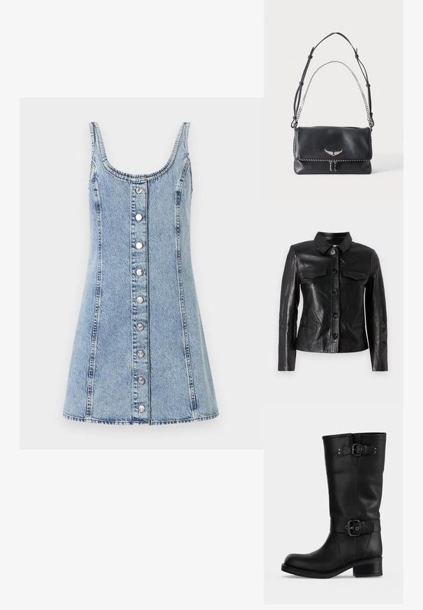 Zwarte leren jas met een kraag, sluiting met knopen aan de voorkant, twee borstzakken en zijzakken. Glad textuur met een getailleerde silhouet.; Denim jurk met een ronde halslijn en dunne bandjes. Lichtblauwe stof, A-lijn vorm, voorzien van knopen aan de voorkant en zichtbare stikseldetails.; Hoge zwarte leren laars met twee verstelbare gespsluitingen en lage blokhak op een effen achtergrond.; Zwarte leren schoudertas met zilveren vleugelembleem, verstelbare leren riem en zilveren kettinghandvat op effen achtergrond.