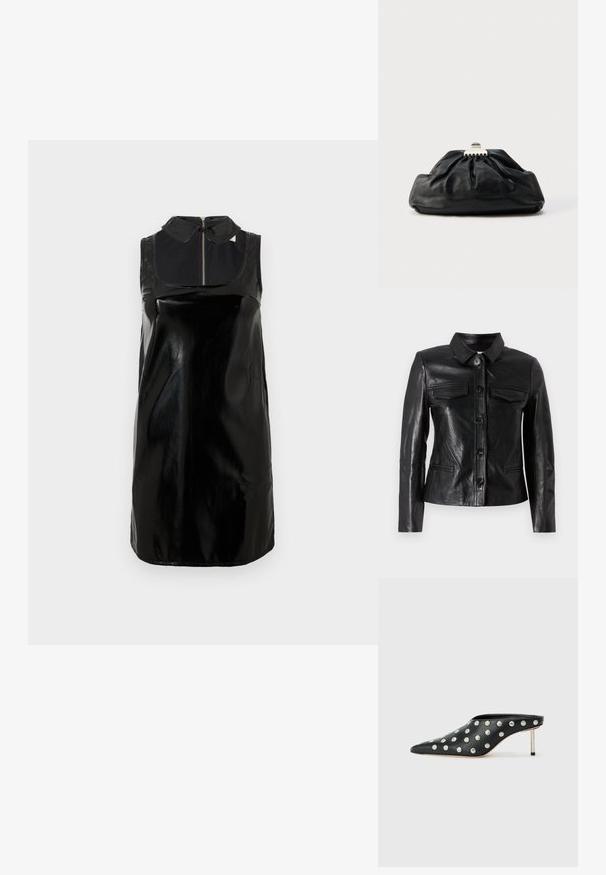 Schwarze Lederjacke mit Kragen, vorderer Knopfverschluss, zwei Brusttaschen und Seitentaschen. Glatte Textur mit taillierter Silhouette.; Ärmelloses schwarzes Lacklederkleid mit hohem Kragen und durchgehendem Reißverschluss, mit glänzender Textur und schmalem, geraden Schnitt.; STAND STUDIO KELSEY - Pantolette hoch - black; Schwarze Leder-Clutch mit geraffter Textur, Metallverschluss und dezentem, auf der Vorderseite geprägtem Logo. Abgerundete Form.