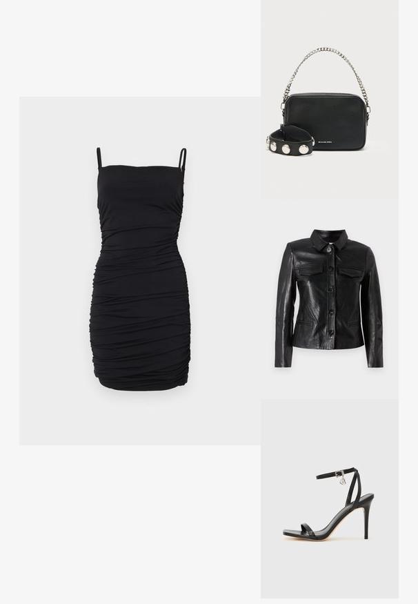 Veste en cuir noir avec un col, fermeture par boutons sur le devant, deux poches poitrine et des poches latérales. Texture lisse avec une silhouette ajustée.; Robe noire sans manches en tissu extensible, dotée d'un design froncé sur toute la surface, avec des bretelles spaghetti réglables et une silhouette ajustée.; Sandale à talon haut noire avec une bride étroite à la cheville, bout carré, cuir lisse et accent de boucle métallique.; Sac bandoulière en cuir noir avec une finition texturée, bandoulière chaîne argentée et bracelet poignet noir clouté. Comprend une fermeture éclair sur le dessus et un détail logo.