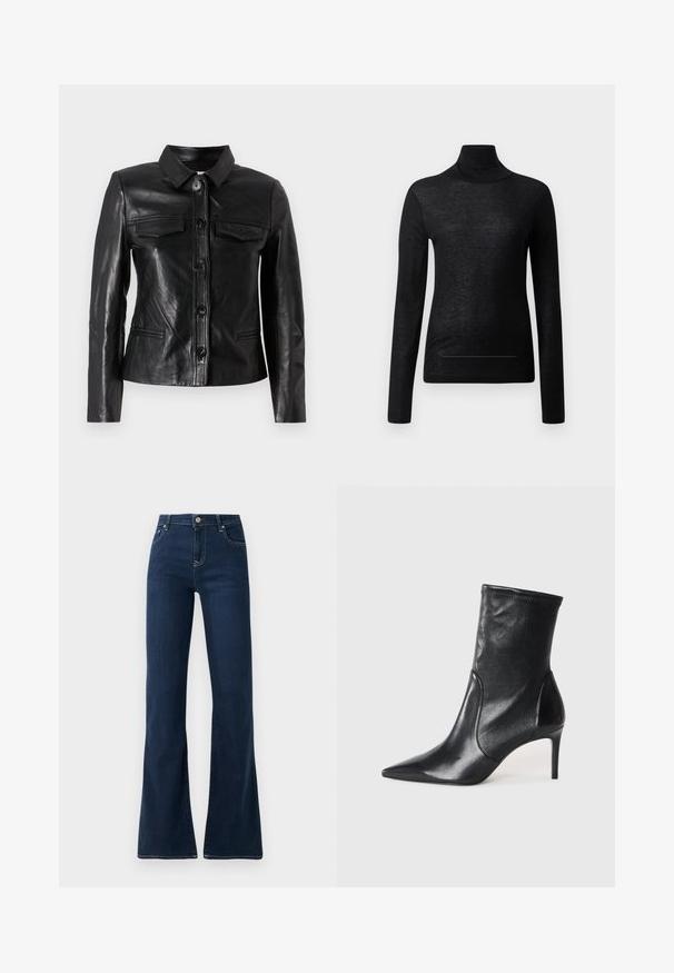 Sort læderjakke med krave, frontknaplukning, to brystlommer og sidelommer. Glat tekstur med en tætsiddende silhuet.; Sort langærmet turtle neck top lavet af letvægtsstof, med en tætsiddende design og minimale sømdetaljer, velegnet til lagdeling.; Mørkeblå flagrende jeans med høj talje, lavet af denimstof. Har to forlommer og kontrastsyninger langs sømmen.; Sorte ankelstøvler lavet af glat læder, med spids tå, tætsiddende skaft og en slank høj hæl. Minimalistisk design uden synligt hardware.