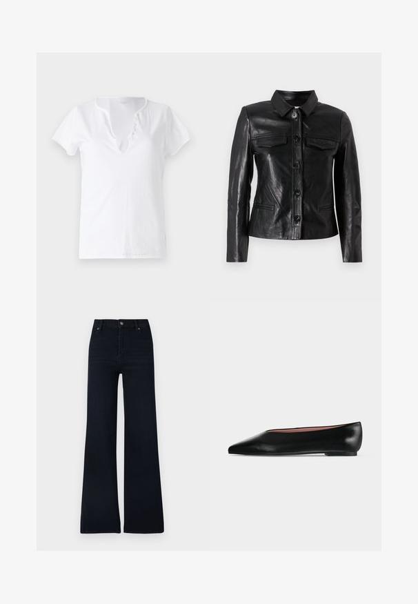 Veste en cuir noir avec un col, fermeture par boutons sur le devant, deux poches poitrine et des poches latérales. Texture lisse avec une silhouette ajustée.; T-shirt en coton blanc à manches courtes, coupe décontractée et décolleté en V, avec un plastron orné de cinq boutons décoratifs.; Jean évasé bleu foncé en denim. Doté d'une fermeture par bouton, de cinq poches, et d'un design épuré avec peu de variations de texture.; Chaussure plate en cuir noir pour femme, avec bout pointu et petit talon, vue de côté sur un fond gris clair uni.
