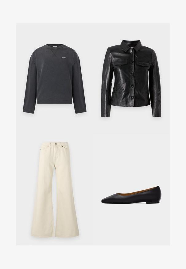 Chaqueta de cuero negra con cuello, cierre frontal de botones, dos bolsillos en el pecho y bolsillos laterales. Textura suave con un corte ajustado.; CLOSED CREWNECK LONGSLEEVE - Camiseta de manga larga - black; Jeans acampanados de color beige claro, fabricados en algodón. Presentan una cintura alta, cinco bolsillos y un cierre de botón con detalles de costura en contraste.; Zapato plano de punta puntiaguda de cuero negro con tacón bajo y acabado liso, mostrado de perfil sobre un fondo gris claro.
