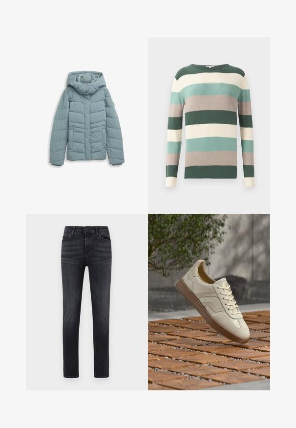 Geplüschte Jacke in hellem Teal, mit Kapuze, vorderem Druckknopfverschluss, vertikalen und horizontalen Steppmuster sowie elastischen Bündchen.; Gestreifter Pullover mit langen Ärmeln, der abwechselnde Streifen in Dunkelgrün, Hellgrün, Beige und Creme aufweist. Weiche Strickstruktur, Rundhalsausschnitt.; Schwarze Jeans aus Denim mit geradem Schnitt. Sie verfügen über fünf Taschen, einen Knopfverschluss und Gürtelschlaufen. Der Stoff hat eine glatte Textur und einen leichten Stretch.; Sneaker in cremefarben mit einer strukturierten, beigen Gummisohle, schnürungsdesign und dezentem Branding an der Seite. Glattes Lederobermaterial.