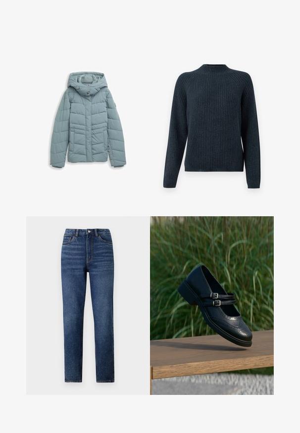 Veste rembourrée en bleu clair, avec une capuche, fermeture à boutons-pression sur le devant, motifs quiltés verticaux et horizontaux, et poignets élastiques.; Pull en maille côtelée bleu marine avec des manches longues, un col rond et un design texturé. Il présente une coupe décontractée et n'a pas d'accessoires visibles.; Jeans en denim bleu taille haute avec une coupe droite, présentant un léger délavage, une fermeture à un bouton et un design à cinq poches.; Chaussure Mary Jane en cuir noir avec doubles brides bouclées et détails brogue, flottant au-dessus d'un banc en bois avec en arrière-plan de l'herbe verte.
