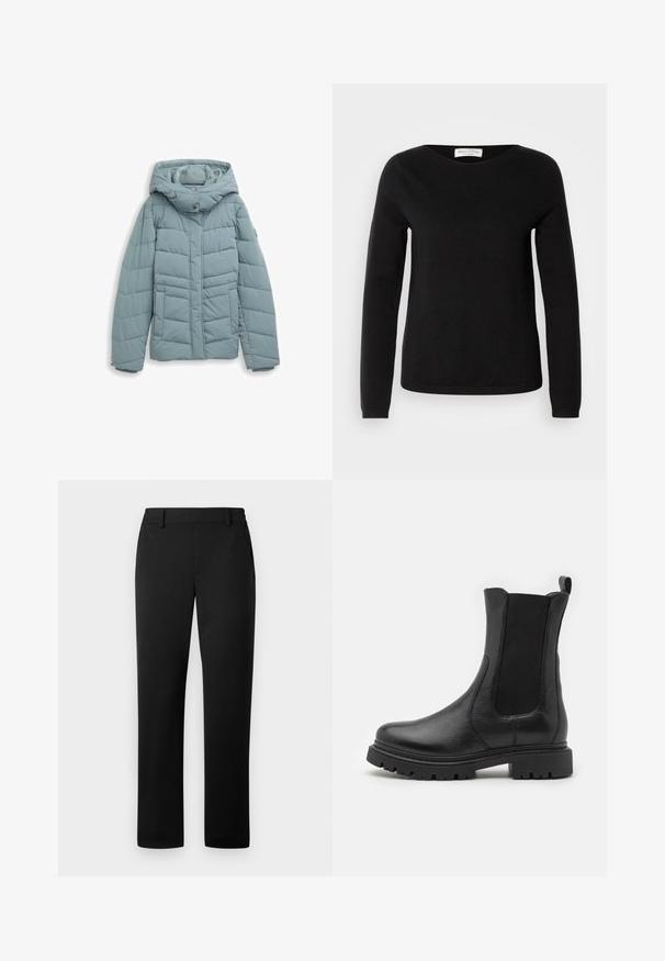 Veste rembourrée en bleu clair, avec une capuche, fermeture à boutons-pression sur le devant, motifs quiltés verticaux et horizontaux, et poignets élastiques.; Marc O'Polo LONGSLEEVE ROUND NECK - Pullover - black; Pantalon noir avec une coupe droite, fabriqué dans un tissu lisse, doté d'une taille ajustée et de poches avant.; Bottes de cheville en cuir noir avec panneaux latéraux élastiques, bout arrondi et semelle robuste présentant des rainures de traction prononcées.