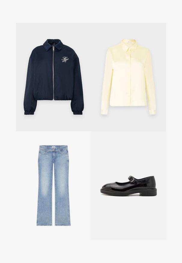 Marineblaue Zip-Jacke mit elastischen Bündchen, Kragen und weißen gestickten Initialen "FH" auf der linken Brust.; Langärmlige blassgelbe Satinhoch mit durchgehender Knopfleiste und klassischem Kragen auf einfarbigem Hintergrund.; Hellblaue Jeans mit ausgestelltem Bein, Verblassungen an den Oberschenkeln, fünf Taschen, Doppelknopfverschluss und Wrangler-Markenlabel am Bund.; Schwarzer Lackleder-Mary-Jane-Schuh mit runder Zehenform, verstellbarem Schnallenriemen, niedrigem Blockabsatz und glatter, glänzender Oberfläche.