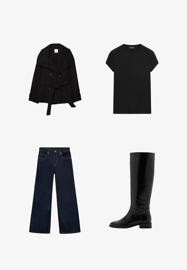 Sort dobbeltradet trenchcoat med brede revers og et matchende stofbælte bundet om taljen.; Sort T-shirt med korte ærmer og rund hals med synligt mærke i halsudskæringen, centralt placeret på en hvid baggrund.; Mørkeblå denim brede bukser med høj talje, der har fem lommer, metalknaplukning og synlige stikninger.; Sorte læderknæhøje støvler med en glat overflade, rund tå, let hæl og minimalistisk design. Har en tætsiddende skaft og stitched detaljer.
