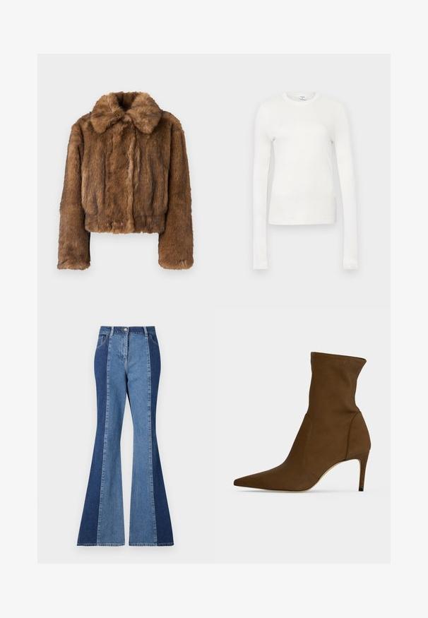Veste cropped en fausse fourrure marron avec un col arrondi, des manches longues et une surface douce et texturée. Aucun matériel ou motif visible.; T-shirt à manches longues blanc en coton doux. Il présente un col rond, une silhouette ajustée et une texture lisse. Pas de motifs ni d'accents.; Jeans évasés avec un design bicolore comprenant des panneaux en denim bleu foncé et bleu clair, une fermeture à bouton sur le devant et un style de poche classique.; Bottine marron à bout pointu avec un talon moyen-haut fin et une tige en tissu lisse.