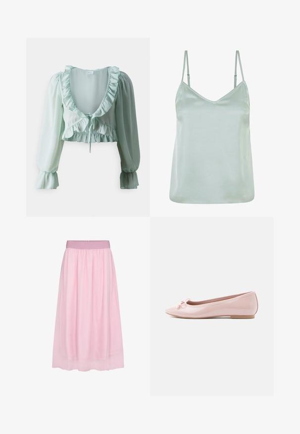 Blouse courte vert clair en tissu transparent, dotée de accents froncés, d'un décolleté plongeant, de manches longues bouffantes et d'un détail à cordon à la taille.; Camisole en satin vert clair avec des bretelles fines ajustables et un décolleté en V, présentant une texture lisse et une coupe décontractée.; Jupe en tulle rose avec un design doux et transparent. Elle présente une taille élastique et une silhouette fluide, créant un effet superposé.; Ballerine rose en cuir verni avec un bout pointu et un nœud décoratif à l'avant. Elle présente une semelle plate et un design sans coutures.