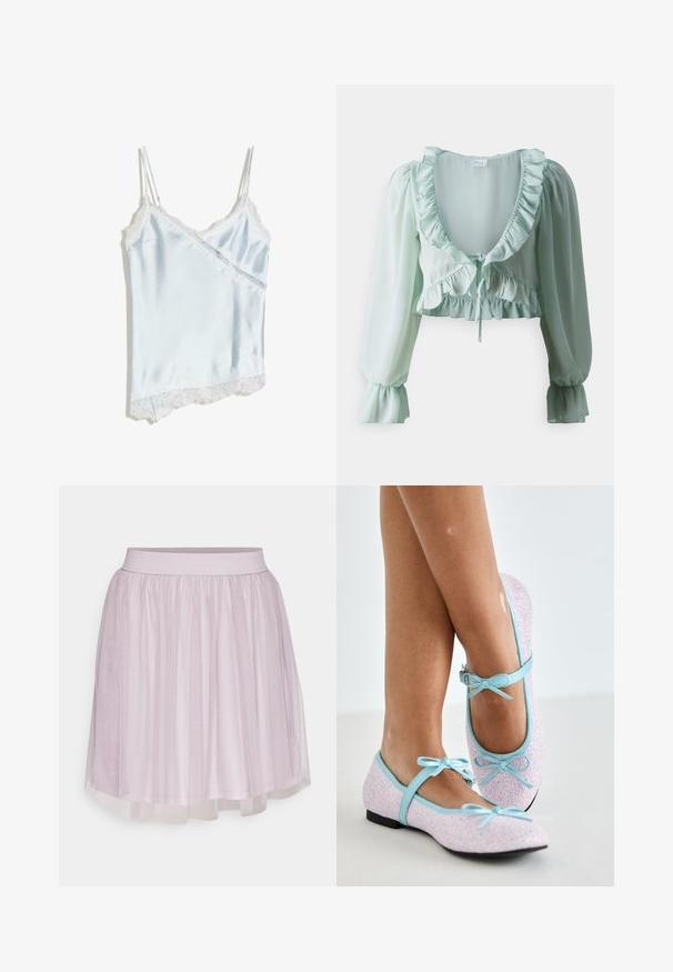 Blouse courte vert clair en tissu transparent, dotée de accents froncés, d'un décolleté plongeant, de manches longues bouffantes et d'un détail à cordon à la taille.; Camisole en satin bleu clair avec bordure en dentelle le long de l'encolure et de l'ourlet, dotée de fines bretelles réglables.; VILA VIDOLL SKIRT - Minijupe - nirvana; Ballet flats avec un revêtement pailleté rose, des bordures et des accents en cuir bleu, ornées de nœuds sur des sangles réglables et d'un petit talon noir.