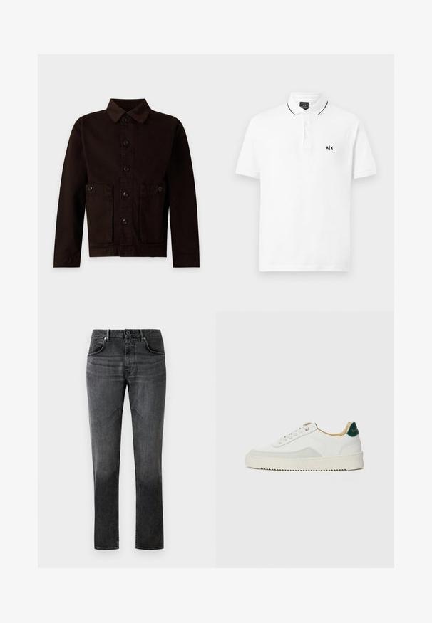 Veste marron foncé à boutons avec deux poches avant boutonnées et un col classique sur fond clair.; Polo shirt blanc en coton, doté d'une patte de boutonnage à trois boutons, de manches courtes et d'un logo noir brodé sur la poitrine gauche.; Jean en denim noir à coupe droite, design à cinq poches et décoloration subtile. Équipé d'une fermeture à bouton et de passants de ceinture. Texture lisse.; Baskets blanches avec des accents en daim, bout arrondi, lacets plats et semelle en caoutchouc crème. Présente une marque verte sur le talon.