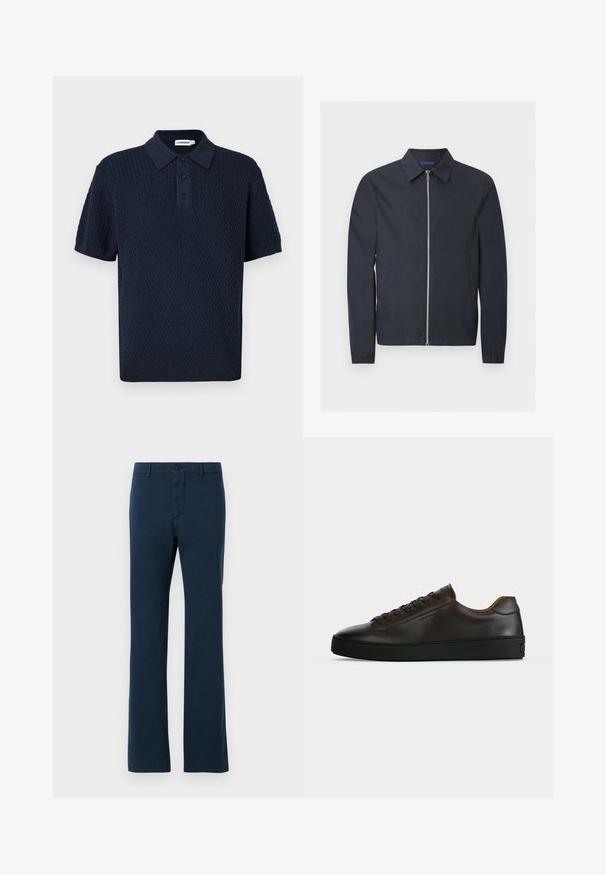 Veste légère bleu marine avec fermeture éclair argentée intégrale à l'avant, col classique, manches longues, poignets élastiques et poches latérales.; Polo texturé bleu marine à manches courtes avec patte de boutonnage trois boutons et col et poignets côtelés.; Pantalons en coton bleu marine avec une coupe droite, dotés d'une fermeture à bouton sur le devant et de passants de ceinture, texture lisse et coupe ajustée.; Baskets basses en cuir marron foncé avec semelle en caoutchouc noire, lacets à l'avant et design minimaliste épuré sur fond clair.