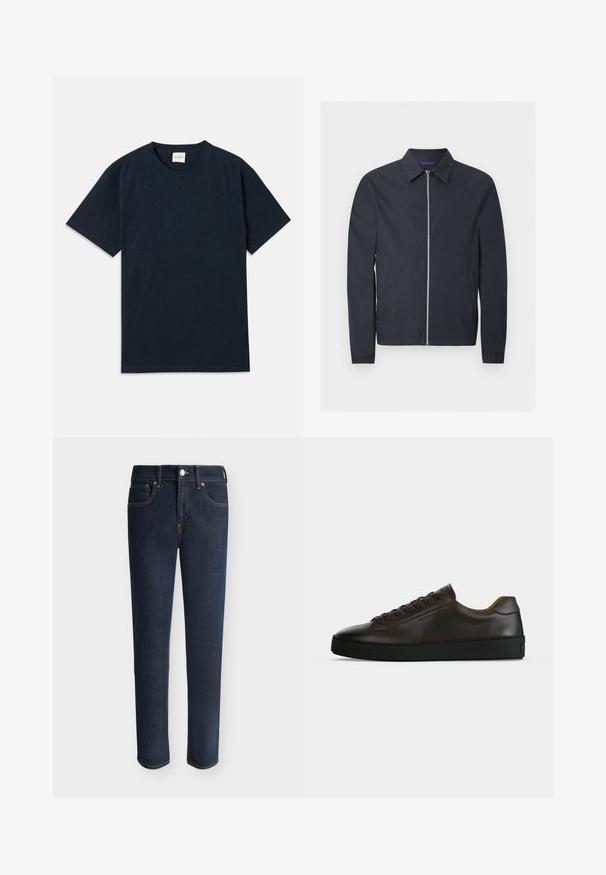 Navy blauwe lichtgewicht jas met volledige zilveren ritssluiting aan de voorkant, klassieke kraag, lange mouwen, elastische manchetten en zijzakken.; Effen donkermarineblauwe t-shirt met korte mouwen en ronde hals, voorzien van een klein reliëflogo nabij de onderzoom.; Donkerblauwe rechte spijkerbroek met knoop- en ritssluiting aan de voorkant, voorzakken en zichtbare stikseldetails.; Low-profile donkerbruine leren sneaker met zwarte rubberen zool, veters aan de voorkant en een strak minimalistisch design op een lichte achtergrond.