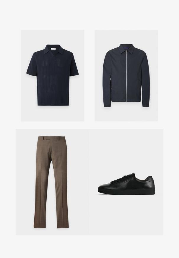 Veste légère bleu marine avec fermeture éclair argentée intégrale à l'avant, col classique, manches longues, poignets élastiques et poches latérales.; Polo en maille bleu marine à manches courtes avec un motif côtelé vertical texturé et un col décontracté, présenté sur un fond uni.; Pantalon habillé marron sur mesure avec passants pour ceinture et pli frontal, présenté sur un fond clair uni.; Basket basse en cuir noir avec lacets noirs et semelle épaisse noire, vue de profil sur fond gris clair.