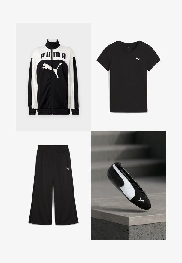 Veste zippée noir et blanc avec col haut, affichant le logo "PUMA" et un graphisme de chat sautant à l'avant. Fabriquée en tissu lisse et léger.; T-shirt Puma noir à manches courtes avec col rond et logo Puma blanc sur le côté gauche de la poitrine.; Pantalon de sport noir avec une taille élastique, boutons-pression sur les côtés et logo Puma blanc à l'avant. Fabriqué en tissu léger.; Baskets Puma noir et blanc avec lacets flottant au-dessus d'un rebord en béton sur un fond flou d'escaliers gris.