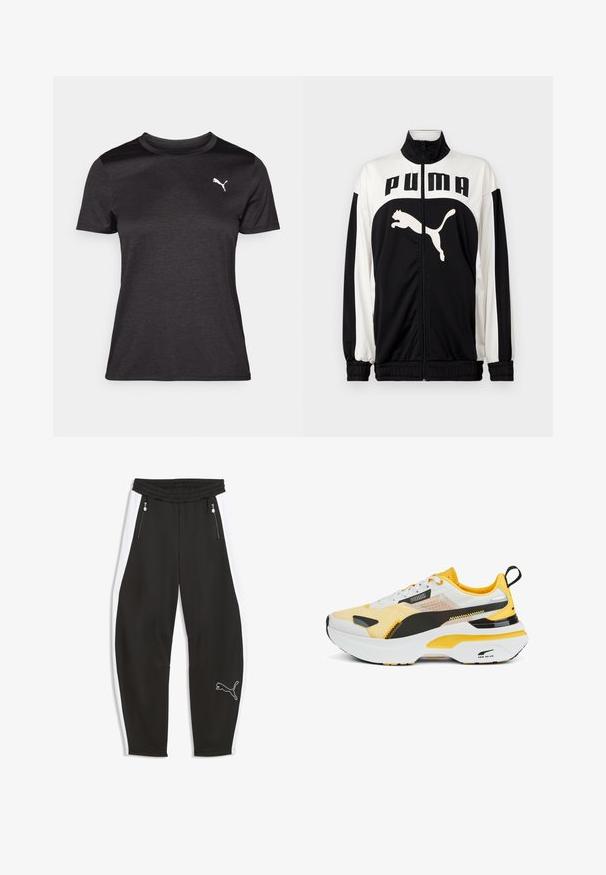 Chaqueta de cremallera en blanco y negro con cuello alto, que presenta el logo "PUMA" y un gráfico de un gato saltando en la parte frontal. Fabricada con una tela suave y ligera.; Camiseta deportiva negra de manga corta, con escote redondo y un logo blanco en el pecho. Textura suave y forma ajustada.; Pantalones deportivos negros con franjas blancas laterales, cintura elástica, bolsillos delanteros con cremallera y un logo de Puma en la pierna izquierda cerca del tobillo.; Zapatillas Puma con parte superior de malla en amarillo y blanco, acentos en negro, suela blanca gruesa y un diseño texturizado.