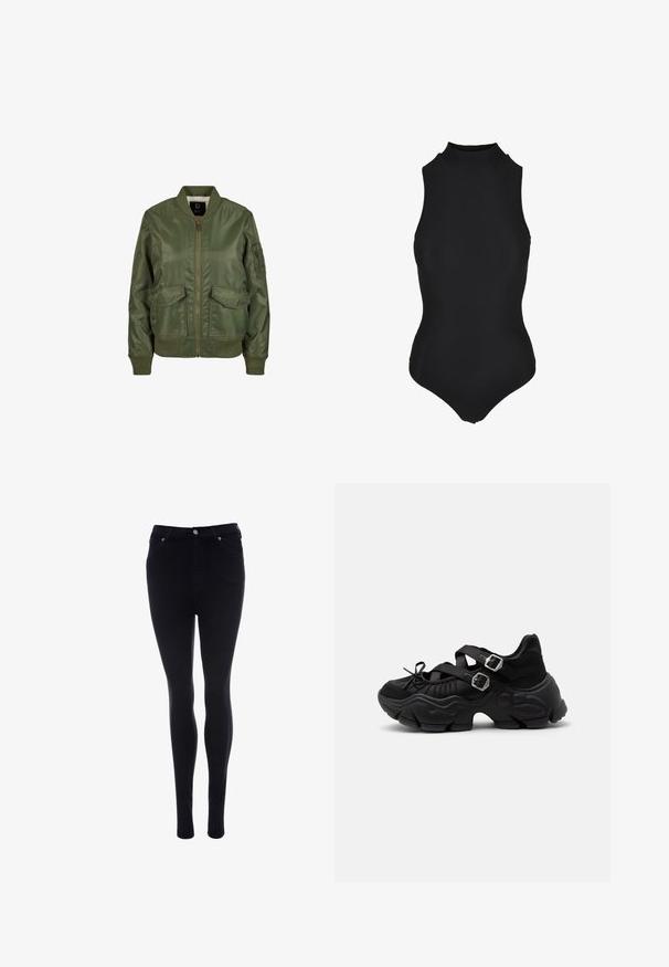 Olivegrüner Bomberjacke aus glänzendem Material, mit gerippten Bündchen, zwei Fronttaschen und einem Reißverschluss. Futter innen sichtbar.; Ärmelloses schwarzes Ripp-Bodysuit mit hohem Kragen und figurnaher Silhouette.; Schwarze Skinny-Jeans aus Denim mit glatter Textur. Verfügt über einen Frontknopf- und Reißverschluss, fünf Taschen und eine schmale Passform.; Schwarzer klobiger Sneaker mit dicker Sohle, zwei verstellbaren Riemen mit silbernen Schnallen und Schnürdetail vorne.