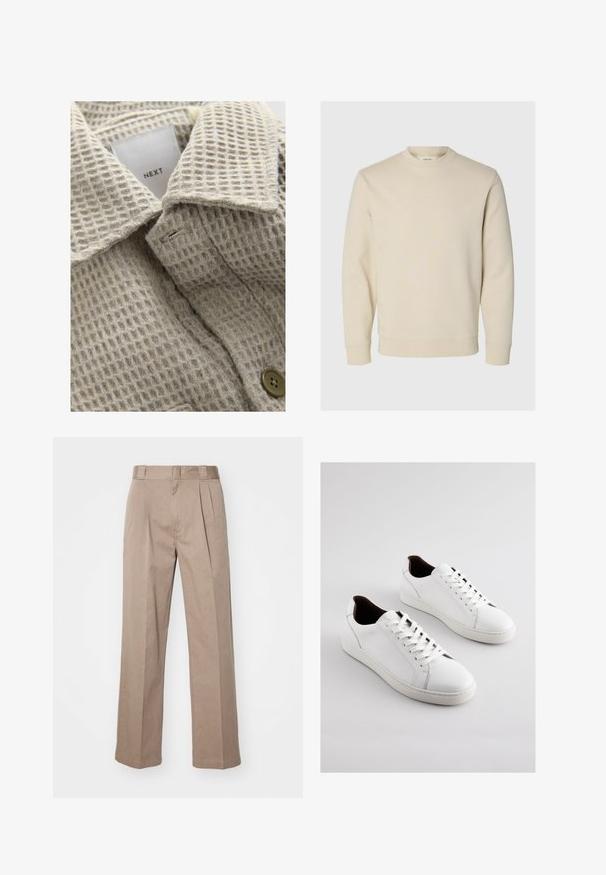 Beige tekstureret stof med et gittermønster, der har en nedfoldet krave og en brun knap. Mærket læser "NEXT."; Langærmet cremefarvet sweatshirt med rund halsudskæring, ribbet manchetter og kant, vist på en enkel lys baggrund.; Beige, høj talje bukser med bred ben-design. Har to forreste plisseringer og en glat tekstur. Standard længde med en ren finish.; Hvide lædersneakers med lav profil, perforerede sider, flade snørebånd og en kontrasterende brun indvendig foring. Gummisål med tekstureret mønster.