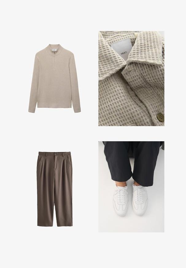 Tejido texturizado beige con un patrón de cuadrícula, con un cuello caído y un botón marrón. La etiqueta dice "NEXT."; Suéter beige con canalé, cuello alto y cierre de media cremallera. Las mangas largas y el diseño ajustado del dobladillo realzan el aspecto texturizado.; Pantalones marrones de pierna recta con pliegues, bolsillos laterales, trabillas para cinturón, cierre de botón y cinturilla trasera elástica, mostrados sobre fondo blanco.; Zapatillas de cuero blanco con una textura lisa, punta redonda y sistema de cierre clásico, posicionadas sobre pantalones oscuros de corte holgado.