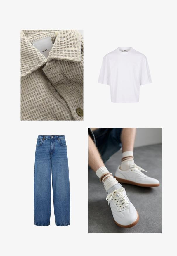 Tejido texturizado beige con un patrón de cuadrícula, con un cuello caído y un botón marrón. La etiqueta dice "NEXT."; Camiseta blanca de manga corta con cuello redondo y corte relajado, fabricada en una suave mezcla de algodón. Sin patrones ni adornos.; Jeans de pierna ancha en denim azul medio. Presentan una cintura alta, diseño clásico de cinco bolsillos y un ligero desgaste a lo largo de las piernas. Dobladillo estándar.; Zapatillas de cuero blanco con una textura suave, detalles en gamuza gris, suelas de goma beige y cordones planos. Combinadas con calcetines a rayas en tonos crema y marrón.