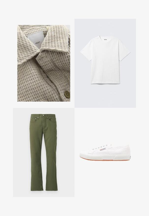 Beige tekstureret stof med et gittermønster, der har en nedfoldet krave og en brun knap. Mærket læser "NEXT."; Hvid kortærmet crewneck T-shirt lagt fladt ud, ensfarvet design, med "WEEKDAY" mærkat inde i kraven på en lys baggrund.; Olivengrønne flared jeans lavet af bomuld med en glat tekstur; har fem lommer, en knaplukning og diskrete stikninger.; Hvide kanvas sneakers med gummisål, snørebåndsdesign og et lille logo mærke på siden. Tekstureret hvid overdel og brun ydersål.