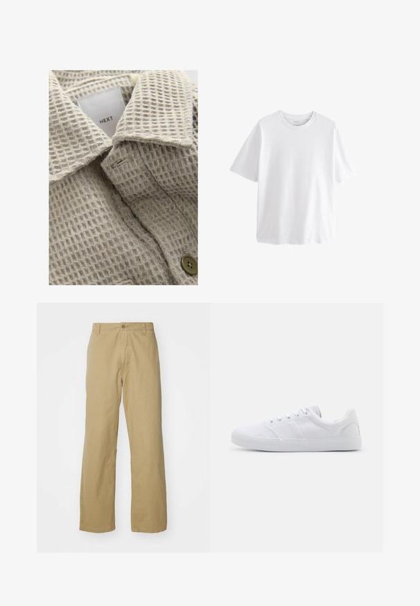 Beige tekstureret stof med et gittermønster, der har en nedfoldet krave og en brun knap. Mærket læser "NEXT."; Simpel hvid T-shirt med korte ærmer og rund hals med en afslappet pasform på hvid baggrund.; Khaki bomuldsbukser med lige ben, der har en frontknaplukning og sidelommer. Glat, robust tekstur.; Hvide lærreds sneakers med gummisål, der har seks snørehuller, en struktureret tåkap og et minimalistisk design.