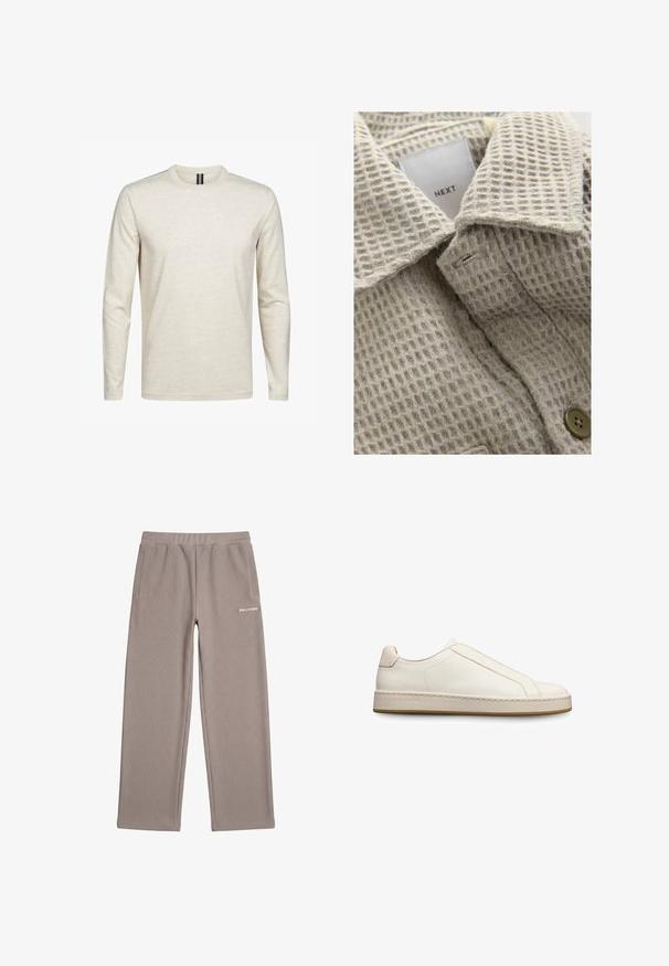 Beige textiel met een gestructureerd oppervlak en een ruitpatroon, voorzien van een omklapbare kraag en een bruine knop. Etiket met de tekst "NEXT."; Lange mouw T-shirt in lichtbeige, gemaakt van zachte katoen. Heeft een ronde hals en een minimalistisch ontwerp zonder patronen of accenten.; Taupekleurige geribde gebreide broek met elastische tailleband, zijzakken, wijde pijpen en witte "PEGADOR"-logo op de rechterheup.; Witte lederen instapsneakers met een gestructureerde afwerking, minimalistisch ontwerp, gestikte accenten en een beige rubberen zool.