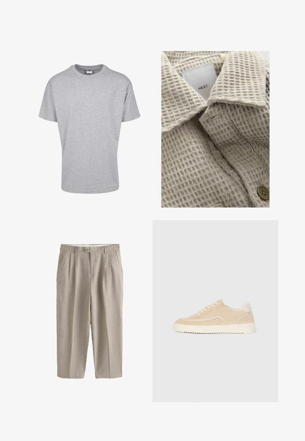 Beige textiel met een gestructureerd oppervlak en een ruitpatroon, voorzien van een omklapbare kraag en een bruine knop. Etiket met de tekst "NEXT."; Grijze katoenen t-shirt met een ronde halslijn en korte mouwen. Eenvoudig ontwerp, geen patronen of accenten. Klassieke ontspannen pasvorm.; Beige plooibroek met hoge taille, voorzijde met knopen en ritssluiting, zijzakken en rechte wijde pijpen.; Beige suède sneaker met witte zool en veters, low-top ontwerp en zigzagprofiel op de zool.