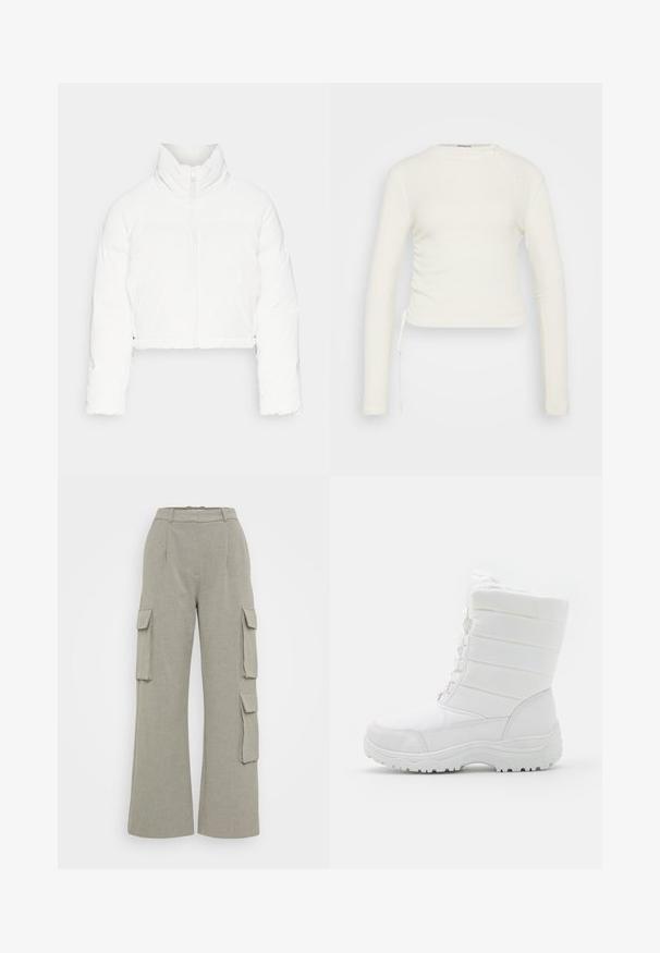ONLY ONLLIVIA PUFFER JACKET - Veste d'hiver - cloud dancer; Haut à manches longues, blanc, en maille côtelée avec un col rond et un ruché latéral ajustable. Présente un détail de nœud à l'épaule gauche.; Pantalons cargo larges gris clair en tissu texturé, avec deux poches latérales et deux poches cargo à rabat sur les cuisses.; Bottes d'hiver blanches imperméables avec un dessus rembourré, un design texturé, des lacets réglables et une semelle en caoutchouc robuste pour une meilleure traction.