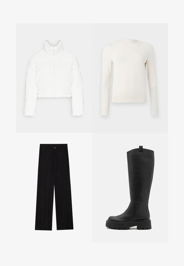 ONLY ONLLIVIA PUFFER JACKET - Zimná bunda - cloud dancer; Dlhý rukáv, krémovo zafarbený priliehavý top s volánovým okrúhlym výstrihom a lemom, zobrazený na jednoduchej svetlošedej pozadí.; Široké čierne nohavice vyrobené z hladkej tkaniny, so šikmými prednými vreckami a gombíkovým zapínaním v páse. Minimalistický dizajn bez vzorov.; Čierne kozákové čižmy z faux kože po kolená s robustnou platformou, zaoblenou špičkou a pútkom na vrchu. Hladký povrch a minimalistický dizajn.