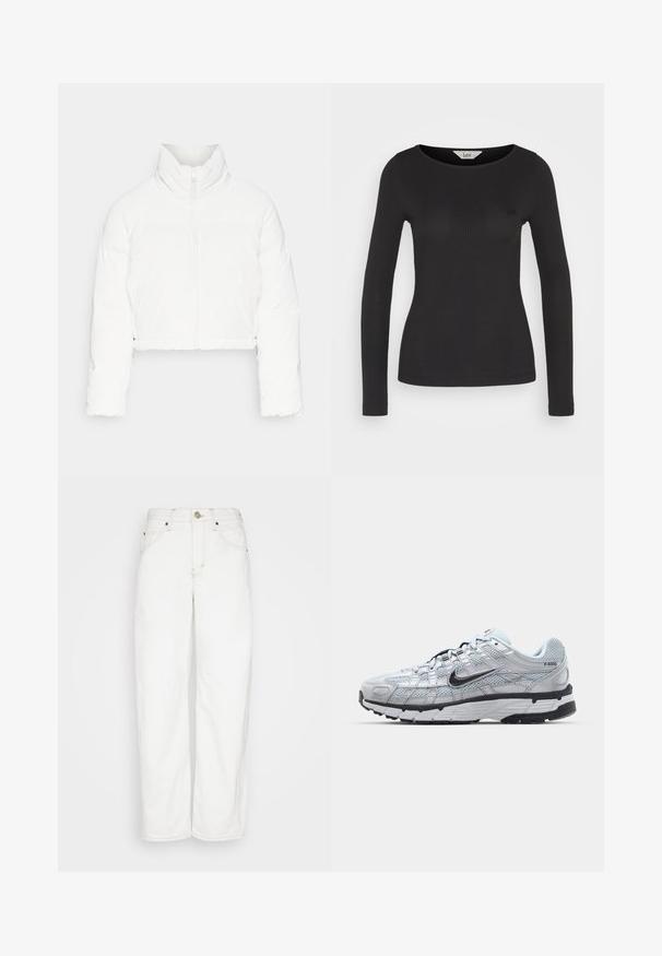ONLY ONLLIVIA PUFFER JACKET - Vinterjakke - cloud dancer; Svart, tettsittende langermet topp med ribbestruktur og bred rund hals, med en liten logodetalj på brystet.; BDG Urban Outfitters LOGAN CINCH - Jeans straight leg - white; Nike P-6000 sneakers med en lys grå mesh-overdel, sorte detaljer og en slitesterk svart gummisåle. Har et intrikat design og snøresystem.