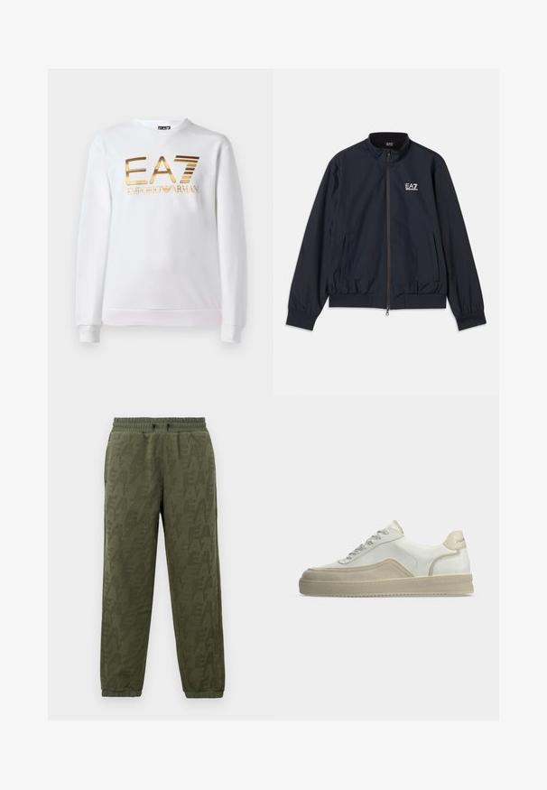 Námornícky modrá bunda vyrobená z ľahkého materiálu, s predným zipsom, stojacím golierom, elastickými manžetami a bočnými vreckami. Logo EA7 na hrudi.; Biela mikina vyrobená z bavlny s dlhými rukávmi a okrúhlym výstrihom. Na prednej strane sa nachádza kovovo zlaté logo "EA7 EMPORIO ARMANI".; Olivové plyšové jogger nohavice s elastickým pásom a manžetami, so subtilným tónovým vzorom loga EA7 po celom povrchu.; Biely nízky teniska s béžovými semišovými detailmi, predným viazaním a značkovou pätovou štítkou na jednoduchom svetlom pozadí.