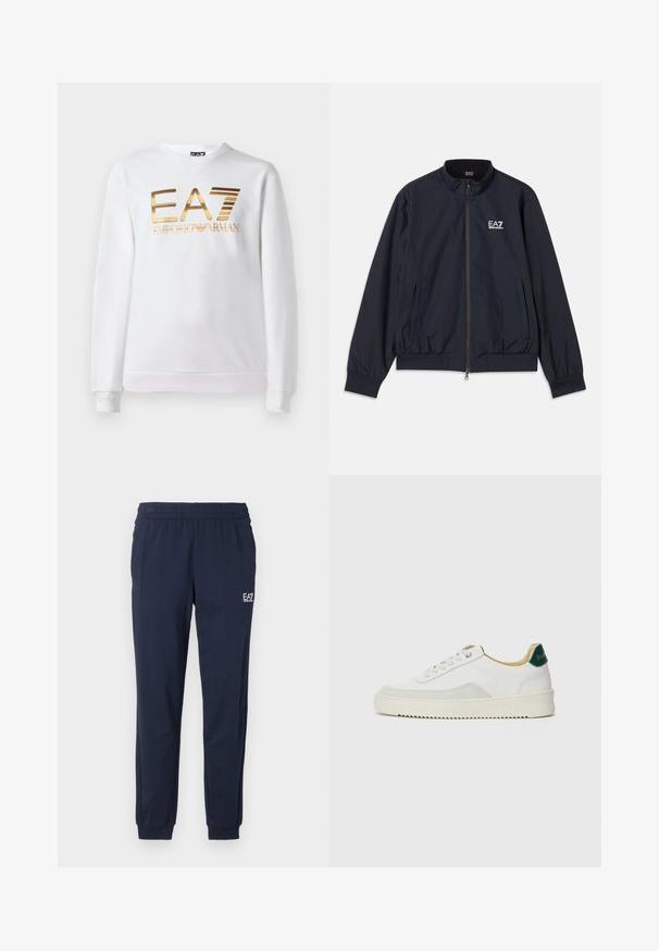 Námornícky modrá bunda vyrobená z ľahkého materiálu, s predným zipsom, stojacím golierom, elastickými manžetami a bočnými vreckami. Logo EA7 na hrudi.; Biela mikina vyrobená z bavlny s dlhými rukávmi a okrúhlym výstrihom. Na prednej strane sa nachádza kovovo zlaté logo "EA7 EMPORIO ARMANI".; Námornícke modré tepláky s elastickým pásom a manžetami. Na ľavej nohe je malé biele logo. Vyrobené z mäkkého, elastického materiálu.; Biele tenisky s semišovými akcentmi, zaoblenou špičkou, plochými šnúrkami a krémovou gumovou podrážkou. Na päte sú zelené značky.