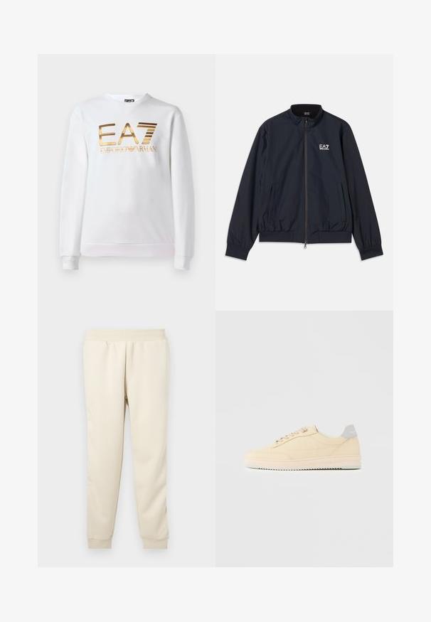 Marineblå jakke lavet af letvægtsmateriale, med lynlås foran, opretstående krave, elastiske manchetter og sidelommer. EA7-logo på brystet.; Hvid sweatshirt lavet af bomuld med lange ærmer og rund halsudskæring. Har et metallisk guld logo "EA7 EMPORIO ARMANI" på forsiden.; Lys beige sweatpants lavet af blødt materiale med en tætsiddende design, elastisk talje og manchetter ved anklerne. Ingen synlige mønstre eller accenter.; Beige lavtop sneaker med snørelukning foran, lyserød sål og grå hællap med mærket "Filling Pieces", vist i profil på ensfarvet baggrund.