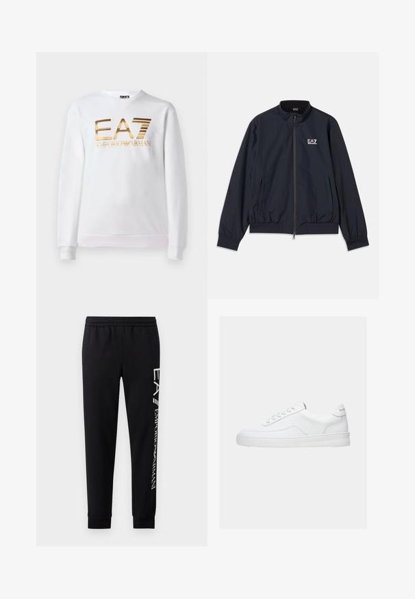 Námornícky modrá bunda vyrobená z ľahkého materiálu, s predným zipsom, stojacím golierom, elastickými manžetami a bočnými vreckami. Logo EA7 na hrudi.; Biela mikina vyrobená z bavlny s dlhými rukávmi a okrúhlym výstrihom. Na prednej strane sa nachádza kovovo zlaté logo "EA7 EMPORIO ARMANI".; Čierne tepláky vyrobené z bavlnenej zmesi, s elastickým pásom, zúženými nohavicami, ribovanými manžetami a bielym logom na boku.; Biela nízka teniska so šnurovacím dizajnom, hladkým koženým zvrškom a hrubou podrážkou, zobrazená z bočného pohľadu na jednoduchom pozadí.