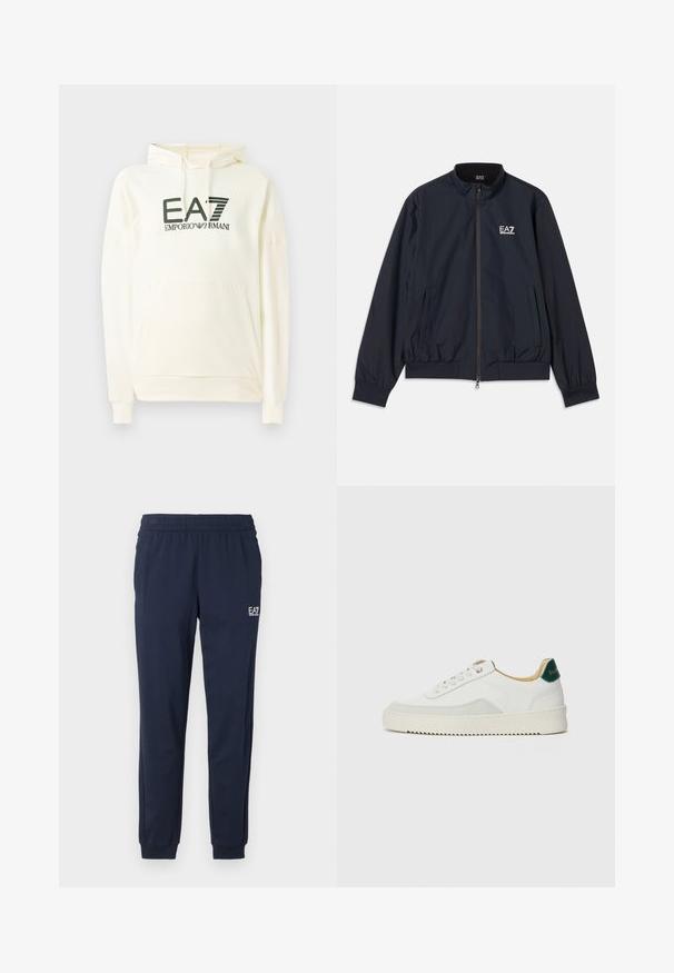 Marineblaue Jacke aus leichtem Material, mit Reißverschluss vorne, Stehkragen, elastischen Bündchen und Seitentaschen. EA7-Logo auf der Brust.; Weißer Kapuzenpullover aus weichem Material, mit einer vorderen Tasche und einem bedruckten Logo in Dunkelgrün. Lange Ärmel mit gerippten Bündchen.; Marineblaue Jogginghosen mit elastischem Bund und Bündchen. Besitzt ein kleines weißes Logo am linken Bein. Hergestellt aus einem weichen, dehnbaren Material.; Weiße Sneaker mit Wildlederelementen, runder Zehenpartie, flachen Schnürsenkeln und einer cremefarbenen Gummisohle. Mit grünen Markenlogo am Fersenbereich.