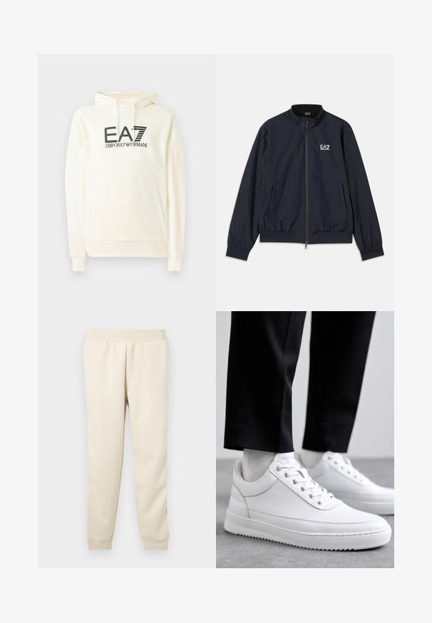 Marineblaue Jacke aus leichtem Material, mit Reißverschluss vorne, Stehkragen, elastischen Bündchen und Seitentaschen. EA7-Logo auf der Brust.; Weißer Kapuzenpullover aus weichem Material, mit einer vorderen Tasche und einem bedruckten Logo in Dunkelgrün. Lange Ärmel mit gerippten Bündchen.; Helle beige Sweatpants aus weichem Stoff mit taillierter Passform, elastischem Bund und Bündchen an den Knöcheln. Keine sichtbaren Muster oder Akzente.; Weiße Leder-Sneaker mit flacher Gummisohle, ausgestattet mit einer glatten Oberfläche, runder Zehenpartie und Metallösen für die Schnürsenkel. Getragen mit schwarzen Hosen.