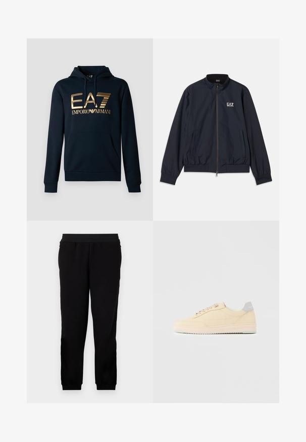 Chaqueta azul marino hecha de material ligero, con cierre de cremallera en el frente, cuello alzado, puños elásticos y bolsillos laterales. Logo de EA7 en el pecho.; Sudadera navy con un gran logo dorado de EA7; cuenta con un bolsillo canguro, capucha con cordón y puños acanalados para un diseño ajustado.; Pantalones de chándal negros hechos de un material suave, con una banda elástica en la cintura, puños ajustados y bolsillos laterales para mayor comodidad.; Zapatilla deportiva beige de corte bajo con cierre de cordones en la parte delantera, suela rosa claro y lengüeta trasera gris con la marca "Filling Pieces", mostrada de perfil sobre un fondo liso.