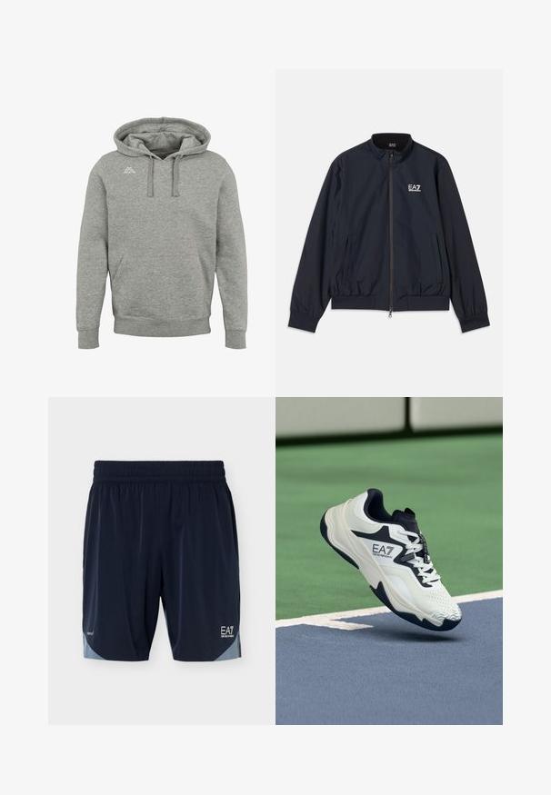 Veste bleu marine en matériau léger, dotée d'une fermeture éclair à l'avant, d'un col montant, de poignets élastiques et de poches latérales. Logo EA7 sur la poitrine.; Sweat à capuche gris avec poche avant, capuche à cordon et petit logo blanc sur le côté gauche de la poitrine, présenté sur un fond blanc uni.; Shorts de sport pour homme bleu marine avec taille élastique, accents latéraux gris clair et logos blancs EA7 Emporio Armani sur le bas des jambes.; Chaussure de sport blanche et marine avec des parties supérieures texturées, un col rembourré et une semelle à motifs, arborant le logo EA7 sur le côté.