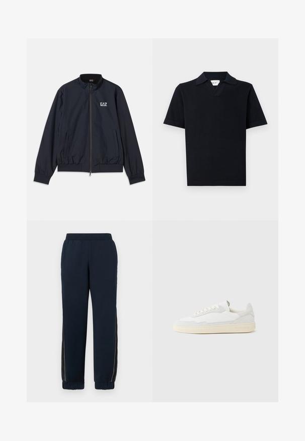 Marineblaue Jacke aus leichtem Material, mit Reißverschluss vorne, Stehkragen, elastischen Bündchen und Seitentaschen. EA7-Logo auf der Brust.; Schwarzes Polo-Shirt mit kurzen Ärmeln aus glattem Stoff, ausgestattet mit einem klassischen Kragen und einem dezenten V-Ausschnitt sowie einem geraden Saum.; Navy Sweatpants mit weichem Material, schmal zulaufenden Bündchen und Netzseiteneinsätzen. Elastischer Bund für Komfort und legere Passform.; Weißer Sneaker mit strukturiertem Obermaterial aus Wildleder und Leder. Verfügt über eine runde Zehenpartie, Schnürverschluss und eine kontrastierende beige Gummisohle.